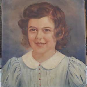 Vintage Smiling GIRL in Baby BLUE Dress ,Oil PORTRAIT Painting, c1943 , 16 x 20 in.