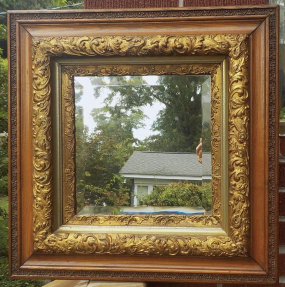 Antique VICTORIAN, GOLD Compo & Solid OAK Wood, Square Framed Wall Mirror ,  c1880s, 22 x 22 in.