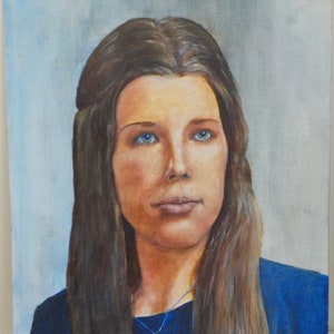 Vintage PORTRAIT, Midcentury WOMAN in BLUE , Oil Painting c1970s , 16 x 20 in.