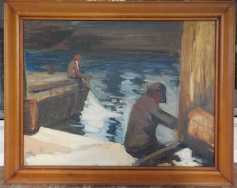 Vintage SWEDISH NIGHT FISHING Impressionist Modernist Oil Painting Framed c1920s