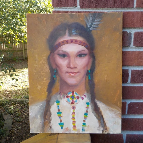 Vintage Midcentury GIRL in Native AMERICAN INDIAN Maiden Dress Oil Portrait shops Painting c1960s