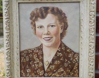 Vintage WOMAN in BROWN,  Flowered Dress HEART Necklace, Small Framed Oil Portrait Painting , 11 x 13 in.