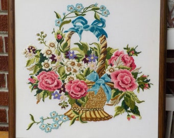 Vintage Boho Wall Art,  FLOWER BASKET, Roses Blue Ribbon Embroidery , CREWEL Picture Framed c1960-70s