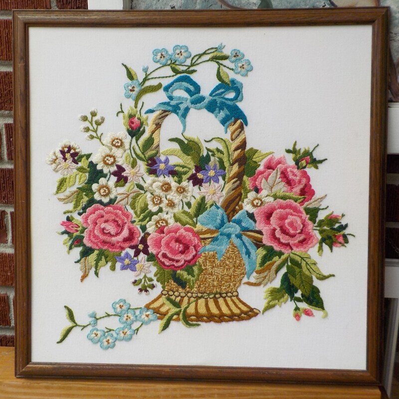 Broderie Crewel Vintage Encadrée 13x17 Pouces, Fleurs Amour Poème
