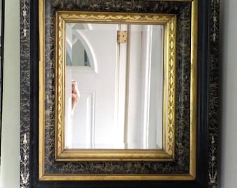Antique EASTLAKE Mirror , Victorian GOTHIC , Black & Gilt Gold, Deep Well , Wood Picture FRAME, 8 x 10 in. fit  c1870s