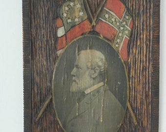 Antique CIVIL WAR Collectible, General Robert E. LEE Print on Wood , Plaque 7 3/4 x 10 1/4 in. c1870-80s