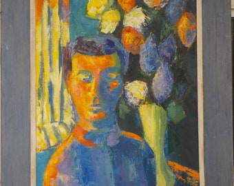 Vintage Midcentury MODERNIST , Abstract MAN & Flowers in BLUE, Oil Portrait Painting ,Framed c1950s
