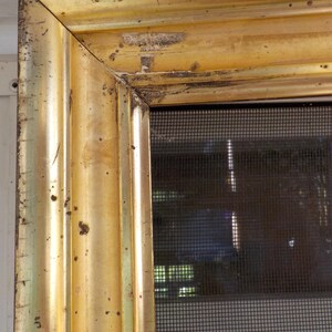 May include: A rectangular picture frame with a metallic gold finish and a distressed, weathered texture featuring dark brown spots and scratches. The frame surrounds a dark, fine-mesh screen material that fills the interior opening.