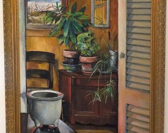 Vintage INTERIOR ROOM View, Potted PLANTS, Window, Door Large Oil Painting, Gilt Frame ,c 1970s