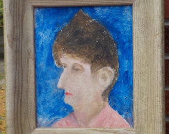 Vintage OUTSIDER Art,  Quirky BIG Nose Woman , Small Oil PORTRAIT Painting, Oak Frame c1960s , 11 1/2 x 13 1/4 in.