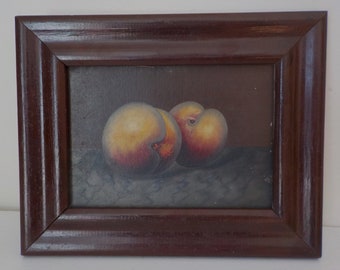 ARTS & CRAFTS, Antique Miniature PEACHES,  Small Oil Painting, Ogee Frame c1900s