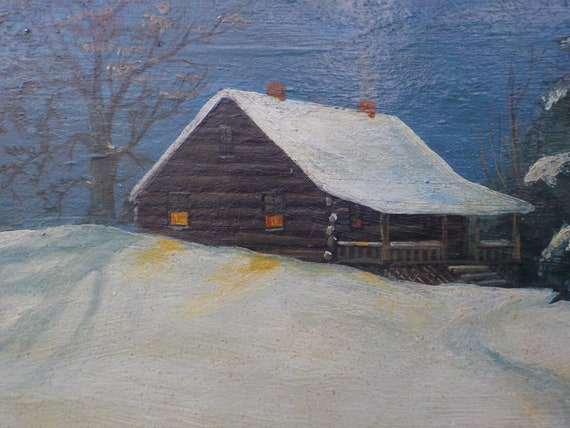 Vintage Art Deco Rustic Snowy Moonlit Mountain Log Cabin Oil Etsy