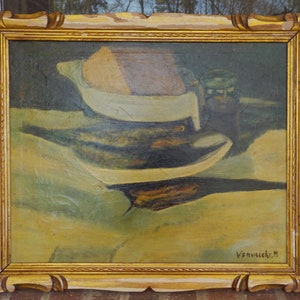 Vintage DANISH Belgium Swedish Oil Painting,  FISH Cheese on Table Still Life Original, Framed c1940-50s , 19 x 22 3/4 in.