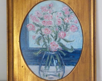 Original FRENCH Impressionist Style,  Pink ROSES in Glass Vase , Oval Vintage Gilt Gold Frame