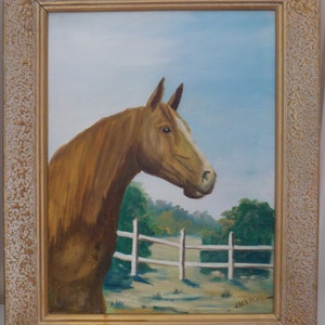 Vintage Midcentury Light BROWN HORSE Portrait LANDSCAPE Oil Painting Framed c1960s, 16 x 19 3/4 in.