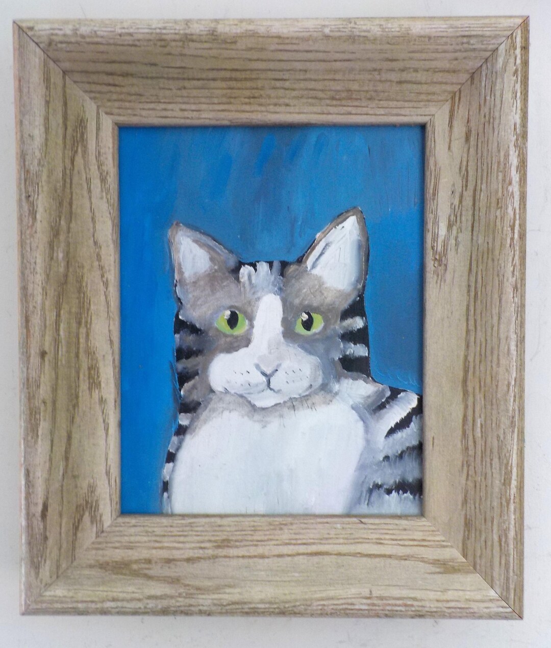 Original GRAY & White TABBY CAT , Folk Art Acrylic Painting ,vintage ...
