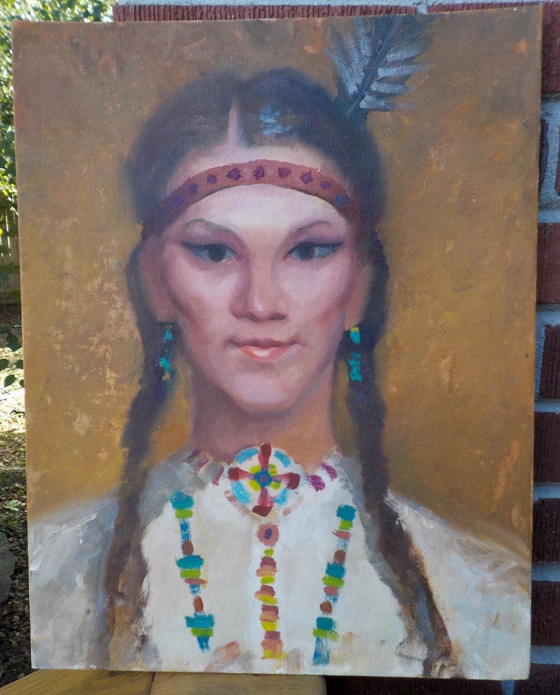 Vintage Midcentury GIRL in Native AMERICAN INDIAN Maiden Dress Oil Portrait shops Painting c1960s