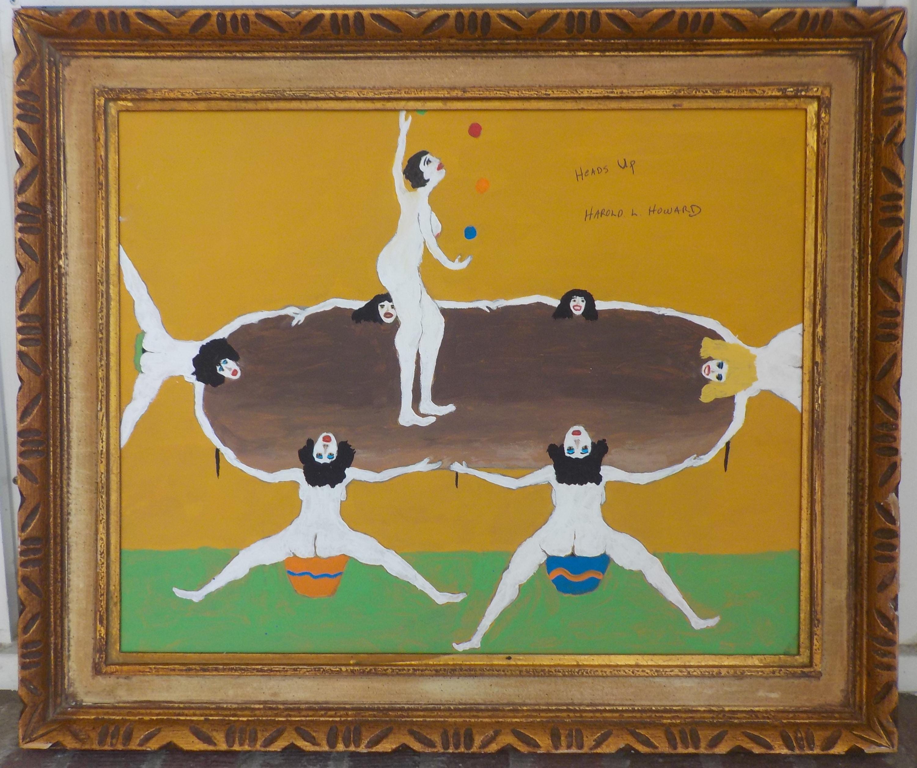 Outsider Art , ' HEADS UP ' Nude Women, Juggling on Trampoline, Original PAINTING, Vintage Frame , 20 1/2 x 25 in. in.