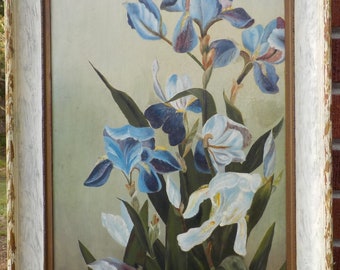 Antique Victorian Edwardian PURPLE & White IRIS FLOWERS Oil Painting Framed c1901