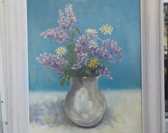 PURPLE LILAC Flowers & Daisies in Vase , Vintage Still Life Oil PAINTING, Framed c1960s , 20 1/4 x 24 1/4 in.