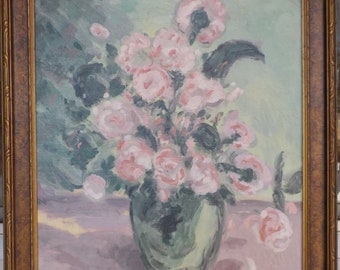 Original FRENCH Impressionist Style , Pink ROSES in Green Vase , Art DECO Frame