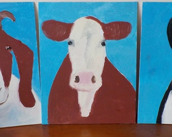 Original NAIVE Primitive COW, Billy GOAT , Bunny Rabbit, Portrait Folk Art,  Oil Paintings , Lot of 3