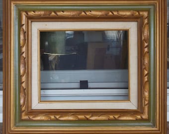 Midcentury MEXICAN ,Hand-CARVED , GREEN & Gold ,Chunky Wood Frame , 8 x 10 in. fit c1960s