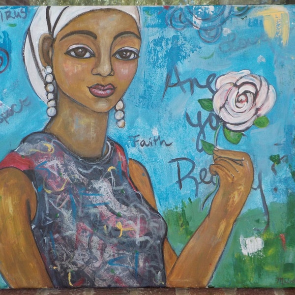African American BLACK WOMAN w/ Rose ' Graceful Flower' Contemporary FOLK Painting by Melody Cole Gates
