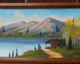 Vintage ' MARGARET LAKE ' Folk Art LOG Cabin Mountain Landscape Painting Framed c1979