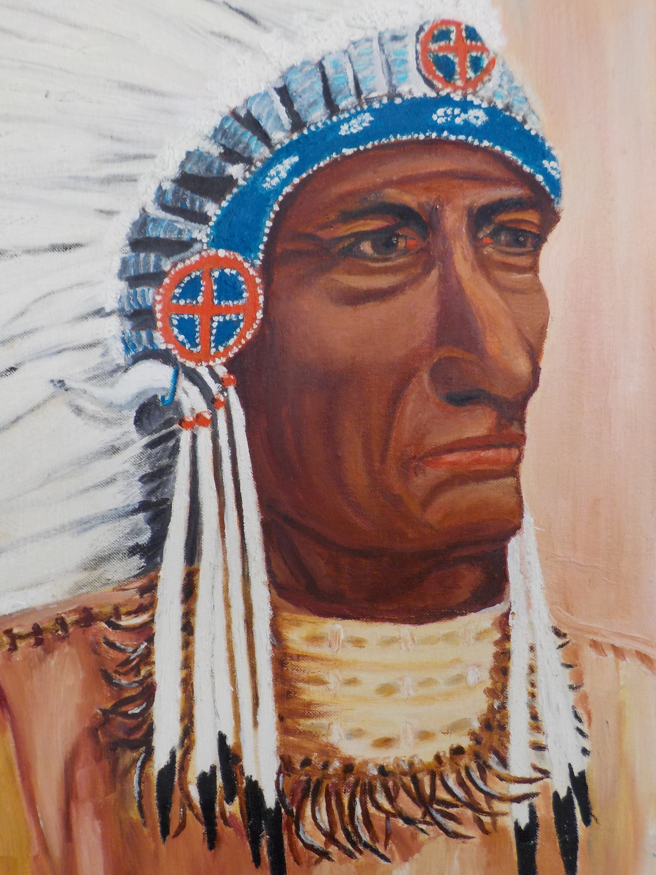 Midcentury American INDIAN CHIEF FOLK Art Naive Oil Portrait | Etsy