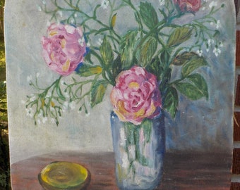Vintage Midcentury PINK ROSES & White FLOWERS in Vase Still Life Oil Painting c1957