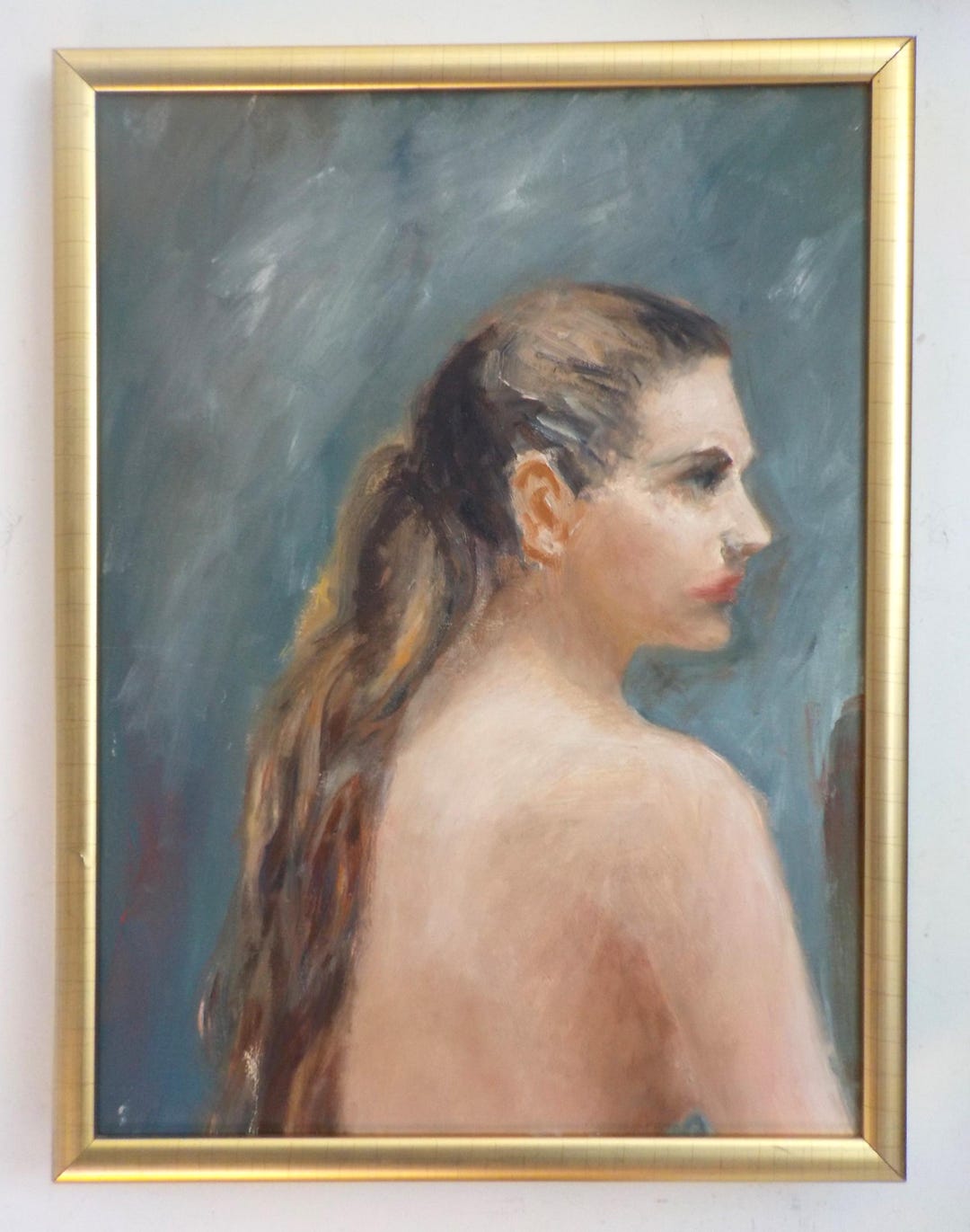 Vintage Portrait , NUDE Woman , LONG Brown Hair Ponytail, Impressionist ...