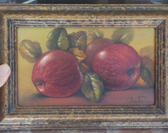 RED Delicious APPLES & Foliage Still Life, Small Original, Vintage Oil PAINTING,  Framed c2003