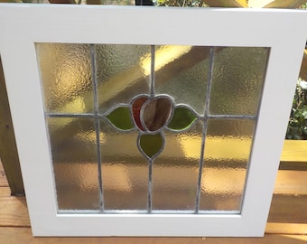 Antique STAINED Textured GLASS Window , APPLE & Leaves , New Wood Framed, 22 5/8 x 23 3/4 in., c1900s