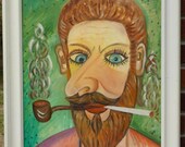 Original Outsider Art, PIPE Cigarette Smokin 39 BEARDED MAN Oil Portrait, Framed Painting