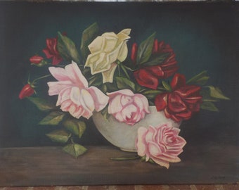 Original Sunday Art, PINK Red Yellow ROSES  in Bowl, Victorian Style, Large Acrylic Painting by C. Hillard