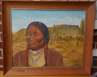 Vintage SOUTHWESTERN, Native American Navajo INDIAN, Man in Desert LANDSCAPE, Oil Painting Framed ,c1970s , 19 7/8 x 24 in.