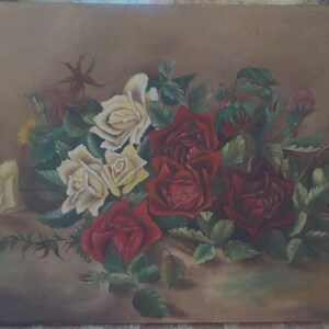 Antique Victorian EDWARDIAN , Sunday Art, Pale Yellow & Ruby RED ROSES , Large Floral Oil Painting on Canvas, 17 1/4 x 26 1/4 in. c1900s