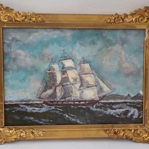 Vintage MINIATURE Clipper SHIP on the Sea, Nautical SEASCAPE Ocean, Small Painting , Antique Gold Frame , 6 3/4 x 8 7/8 in.