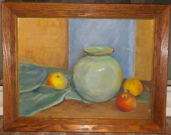 Vintage Midcentury Light TURQUOISE Celadon GREEN Vase w/ Apples Still Life Oil PAINTING Oak Frame c1960s