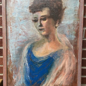 Vintage PORTRAIT , Abstract Expressionist Elegant Woman in BLUE, Midcentury MODERNIST Oil Painting, Framed c1950s , 19 1/4 x 25 1/4 in.