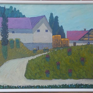 Vintage FRENCH Modernist , COLORFUL LANDSCAPE w/ Homes ,Pink Flowers & Roofs , Framed c1986, 18 3/4 x 25 3/4 in.