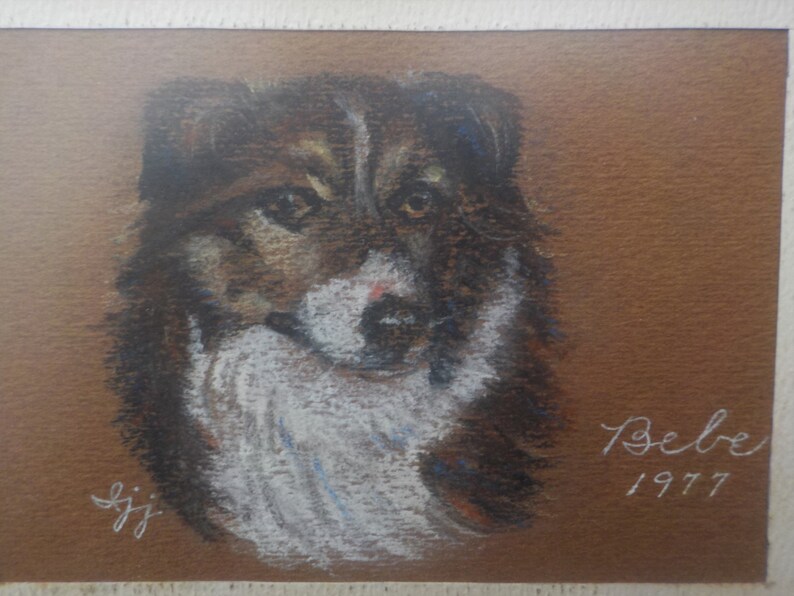 Vintage MINIATURE Small Mid-century DOG PASTEL Drawings Portraits Gold French Style Plastic Frames c1970s