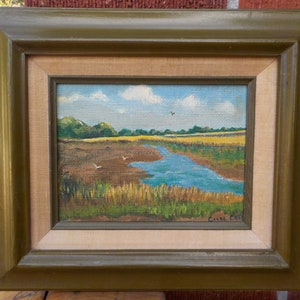 Vintage SOUTH CAROLINA , Lowcountry Charleston MARSH Landscape, Small Oil Painting, Framed c1960-70s  , 11 1/4 x 13 1/4 in.,