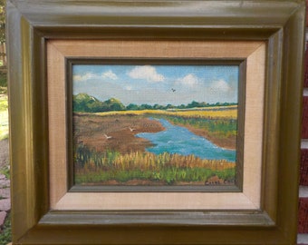 Vintage SOUTH CAROLINA Lowcountry Charleston MARSH Landscape Small Oil Painting Framed c1960-70s