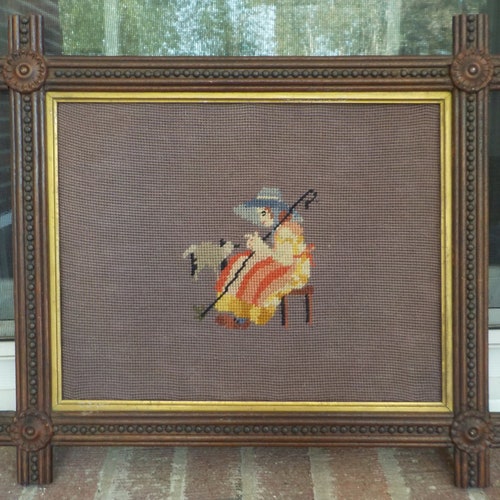 Antique FOLK ART Victorian SAMPLER Picture Frame Old Needlepoint Mary & Lamb Frame 11 x shops 14 in. fit c1900s