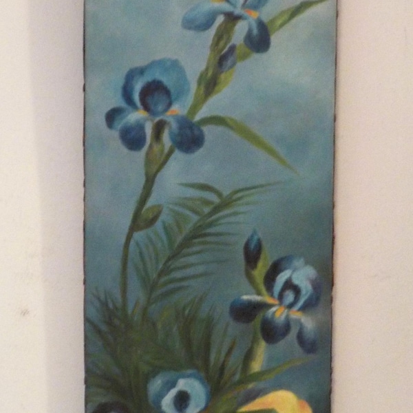 Vintage Victorian Style, Sunday Art , BLUE & Yellow IRIS FLOWERS ,Naive Tall Oil Painting, c1935, 10 x 34 1/2 in.