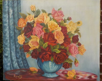 Vintage Midcentury ,Colorful Lush ROSES Flowers, Blue Vase Oil PAINTING, c1950-60s , 21 x 25 in.