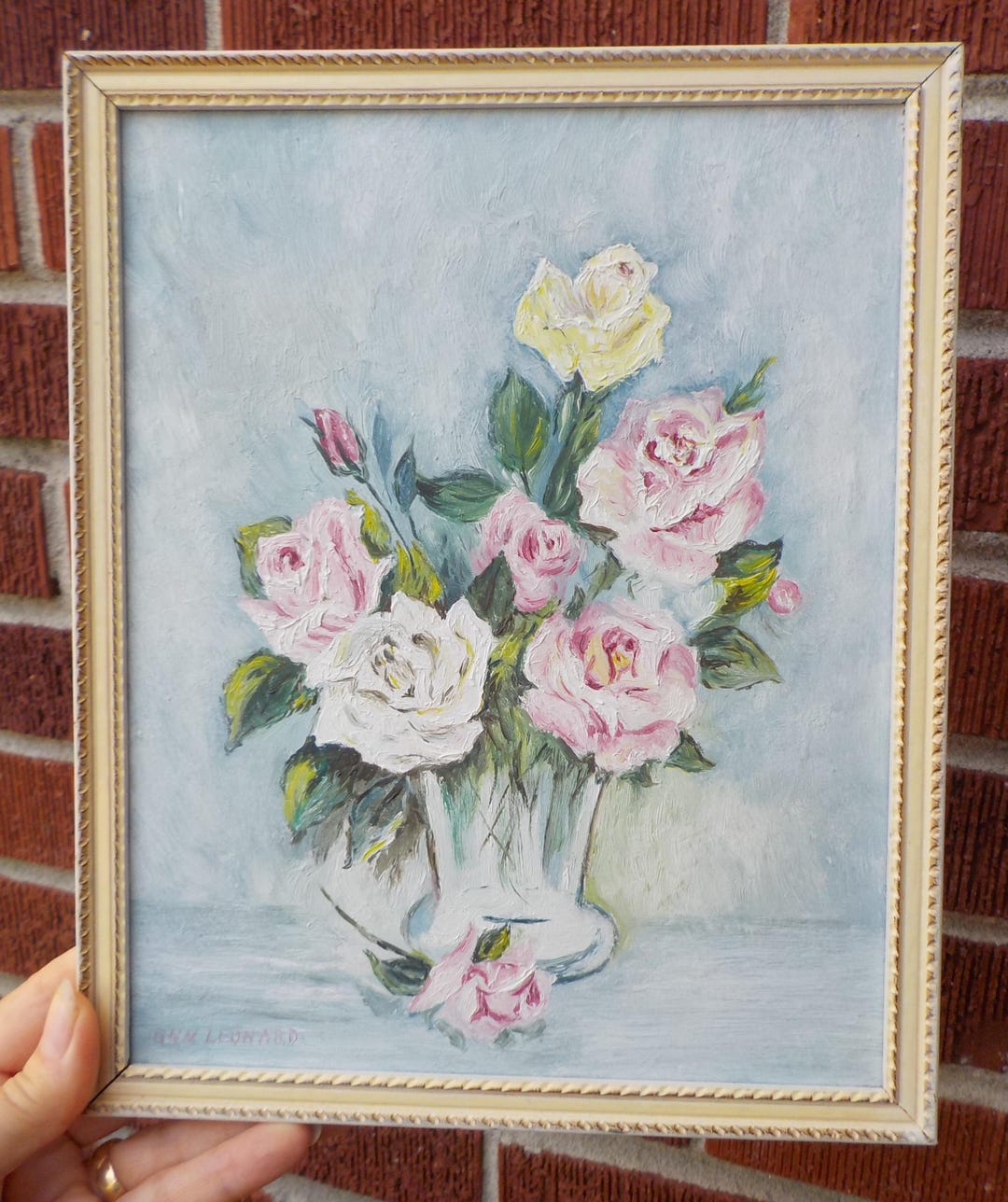 Vintage Soft PINK & White ROSES , FLOWERS in Vase , Small Still Life ...