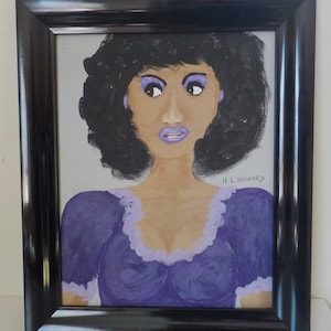 Original Outsider Art, AFRICAN American Black WOMAN in PURPLE , Amateur Naive Portrait Painting, Framed, 14 x 17 ins.